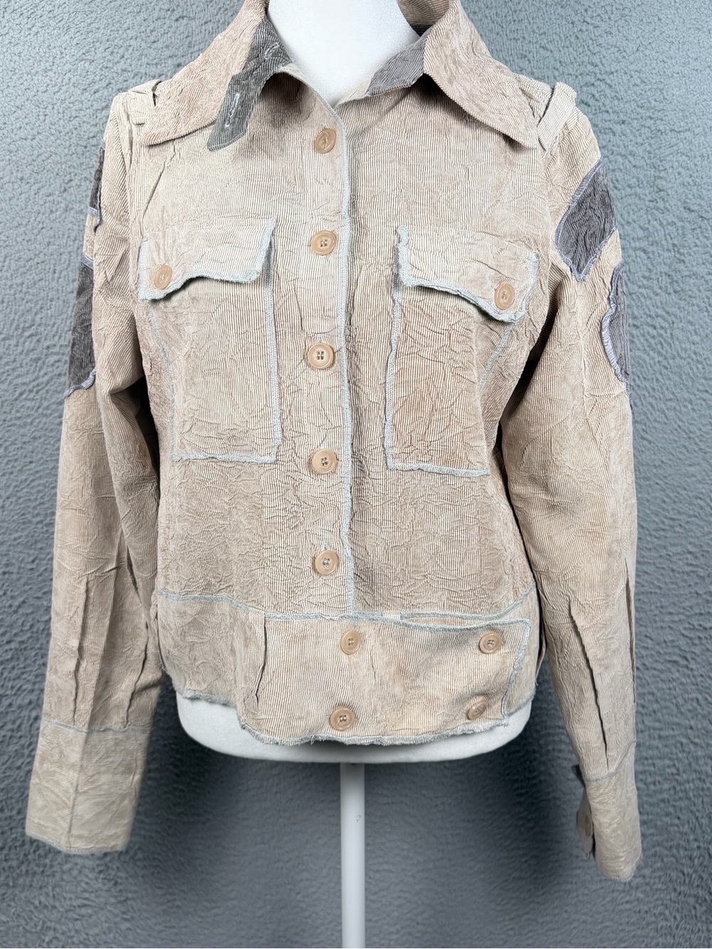 Kisca Jacket Womens 2 Beige Corduroy Utility Pockets Patchwork Button Boho